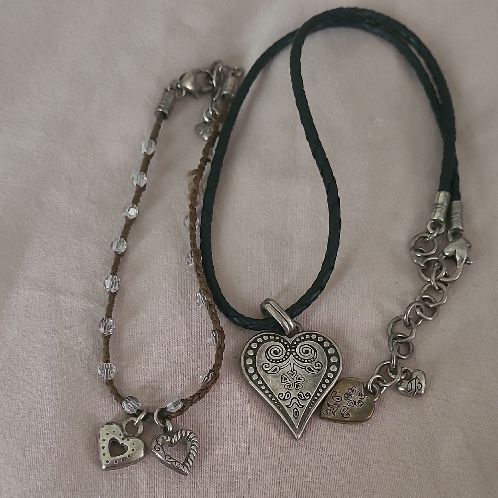 Brighton Silver and Brown/black Cord Heart Charm Anklet/necklace